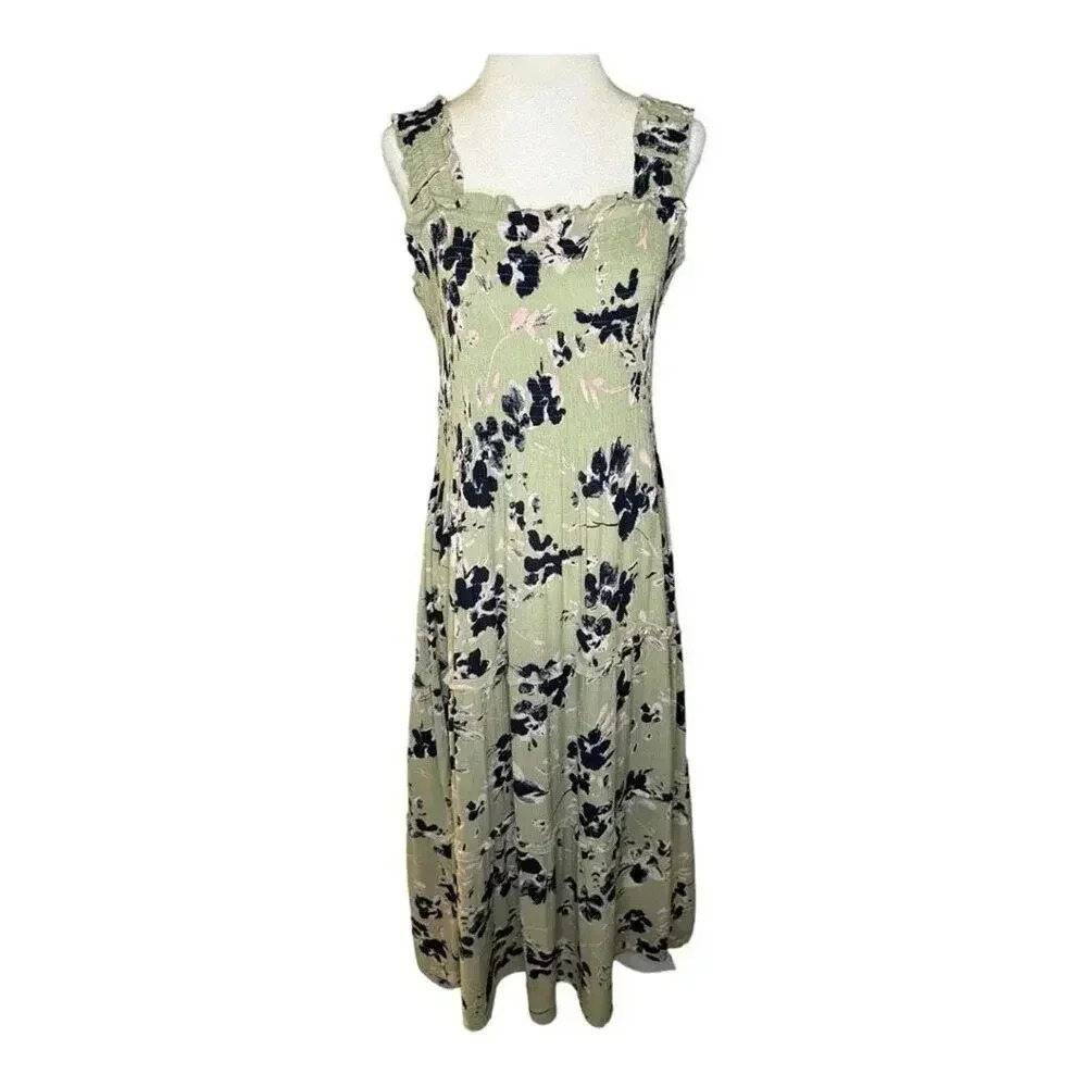 NEW Vero Moda Women's Size 14 Green Floral Smocked‎ Midi Dress Sleeveless NWT